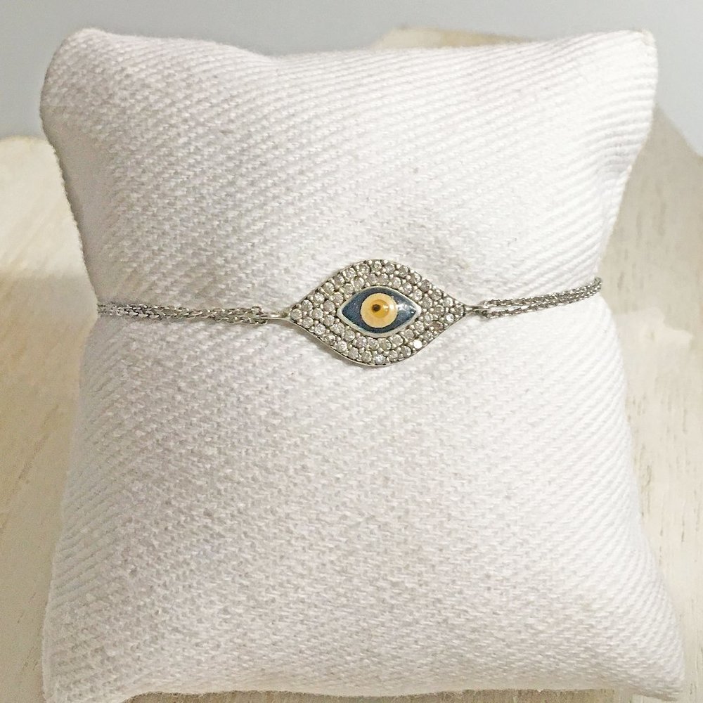 GENUINE STERLING SILVER 925 & CLEAR CZ DARK BLUE EVIL EYE PROTECTION BRACELET